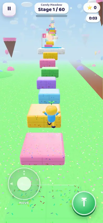 The player character hopping up pink and yellow blocks with the joystick and jump button visible