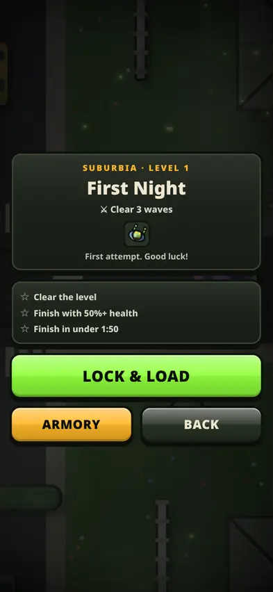 The briefing for Suburbia level 1, First Night: clear 3 waves, with star goals for clearing, finishing with half health and finishing in under 1:50