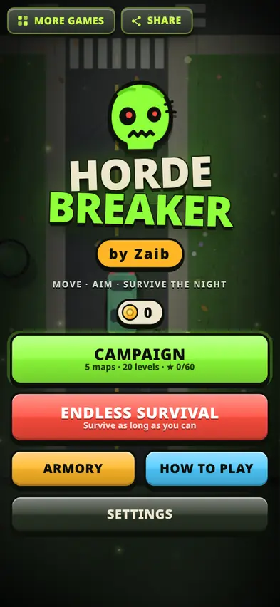 The Horde Breaker title screen with Campaign, Endless Survival, Armory, How to Play and Settings buttons