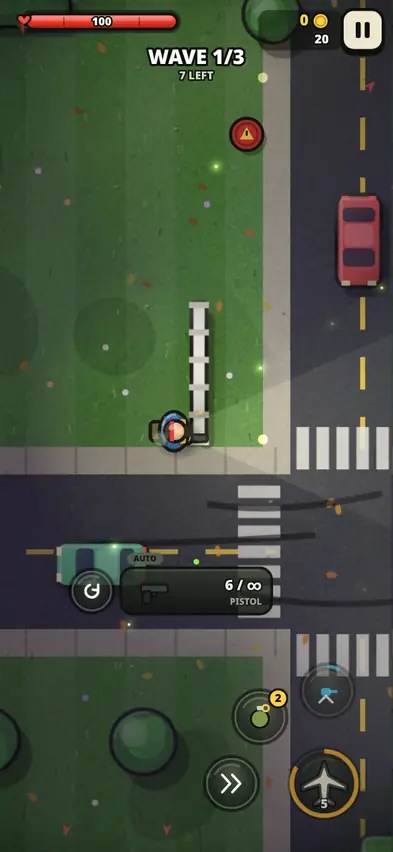 A survivor seen from above on a suburban street at night, with 100 health, wave 1 of 3 and 7 zombies left, and buttons for grenade, dash, turret and air strike