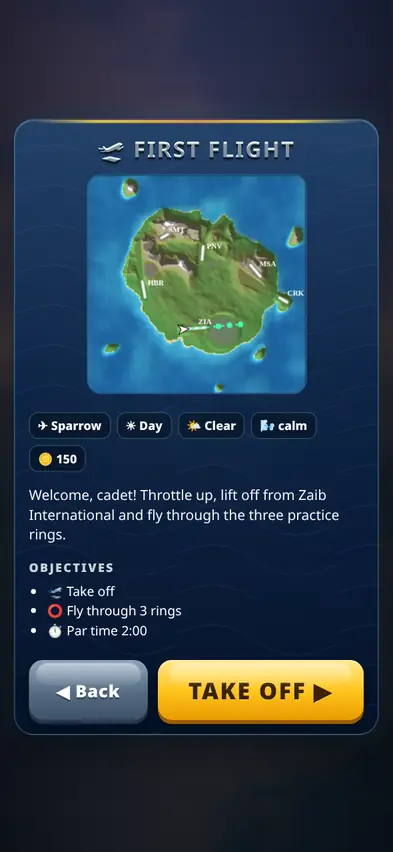 The First Flight briefing: Sparrow, day, clear, calm, a 150 coin reward, and objectives to take off and fly through 3 rings with a par time of 2:00