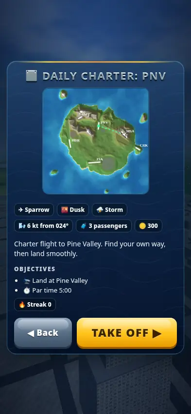 The Horizon Pilot Daily Charter to Pine Valley with the Sparrow, dusk, storm, 3 passengers, 300 coins and a par time of 5 minutes
