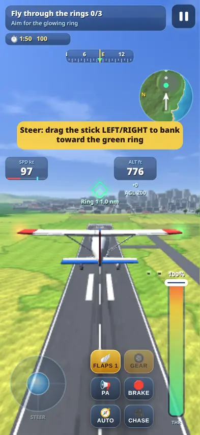 The trainer flying level at 776 feet over green fields toward a city, with a green diamond marker labelled Ring 1 1.0 nm