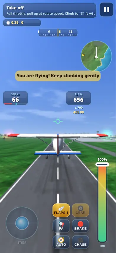 A small white trainer plane lifting off a runway at 66 knots, with the tip You are flying! Keep climbing gently and the throttle at 100%