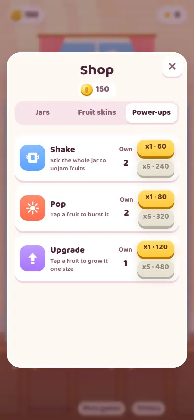 The Juicy Merge shop on the Power-ups tab with Shake, Pop and Upgrade and their prices