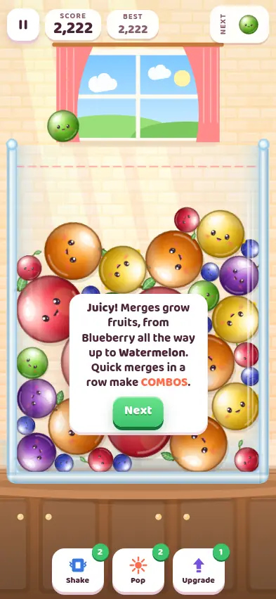A nearly full Juicy Merge jar with a score of 2,222