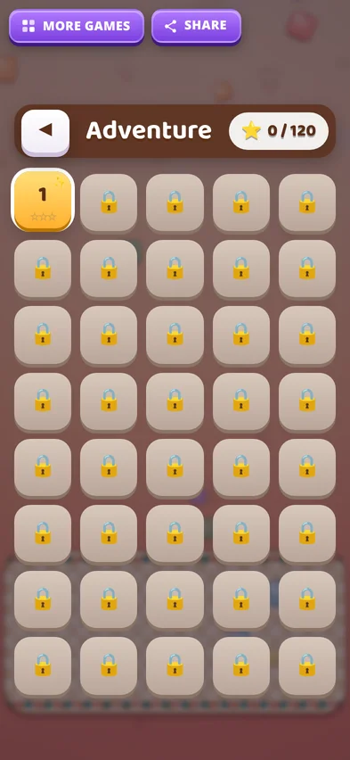 The Adventure map with level 1 open, the other levels locked and a star counter of 0 out of 120