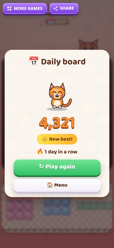 The Daily board result showing a score of 4,321, a New best badge, 1 day in a row and a Play again button