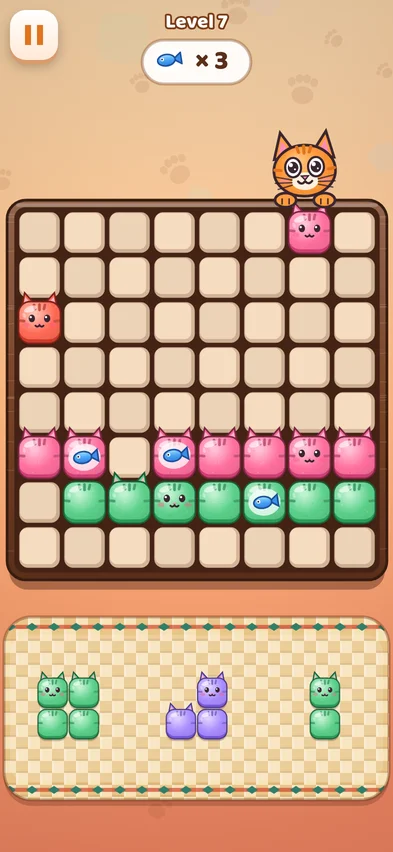 Adventure level 7 with a goal of 3 fish at the top, two almost full rows near the bottom holding the fish, and three clay blocks waiting below