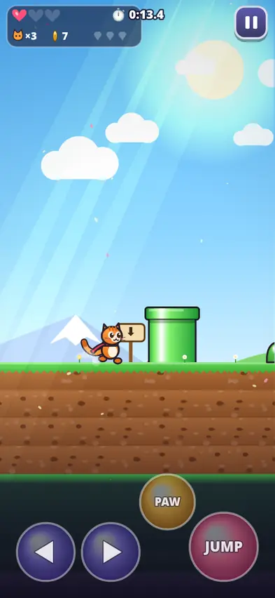 Kedimz the orange cat next to a green pipe with a wooden sign pointing down, with the PAW, JUMP and arrow buttons below