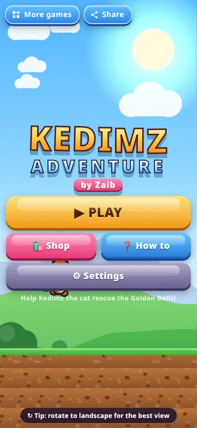 The Kedimz Adventure title screen with Play, Shop, How to and Settings buttons