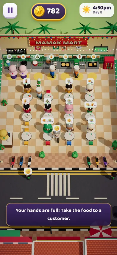 Day 8 with seven food counters, twelve tables full of customers and a message saying your hands are full