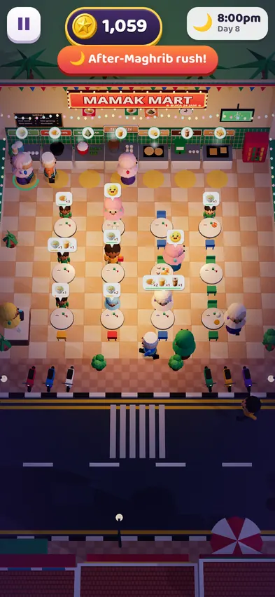 The after-Maghrib rush on day 8 at 8pm, with lots of customers waiting and 1,059 coins