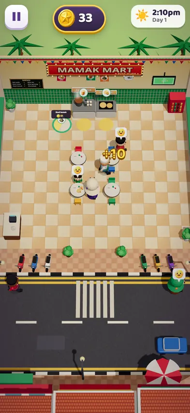 Day 1 at 2:10pm with customers at three tables, food bubbles above their heads and plus 10 coins floating up