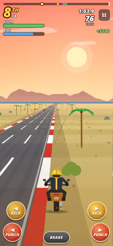 The same rider riding on the sand beside the road at 76 km/h after a minute, still in 8th place, with a +100 dollar pickup message