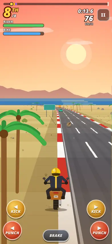 A rider in a yellow helmet on a coastal highway at sunset, in 8th place of 8, with rider and bike health bars and kick, punch and brake buttons