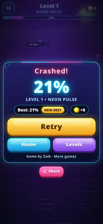 A Crashed results card showing 21 percent on level 1 with Retry, Home and Levels buttons