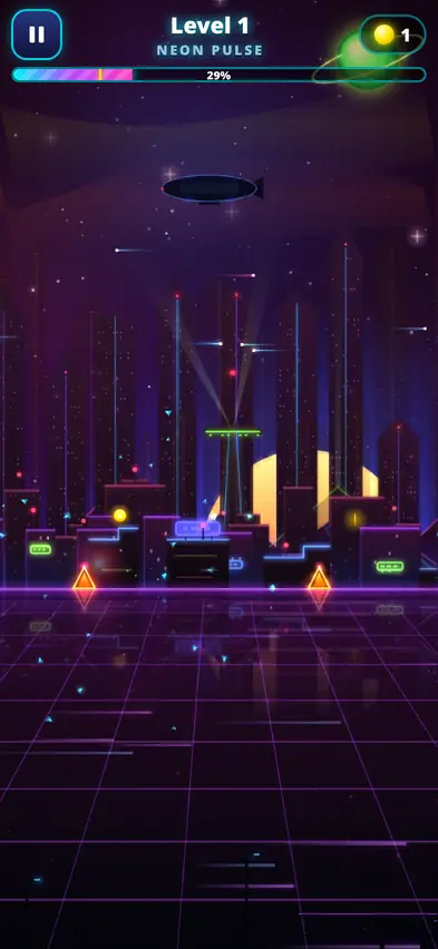 Level 1 Neon Pulse in a neon city at night with spikes on a glowing grid floor and the progress bar at 29 percent