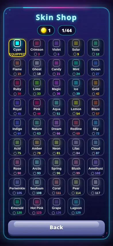 The Skin Shop showing a grid of 44 coloured cube skins with prices from 3 to 129 coins