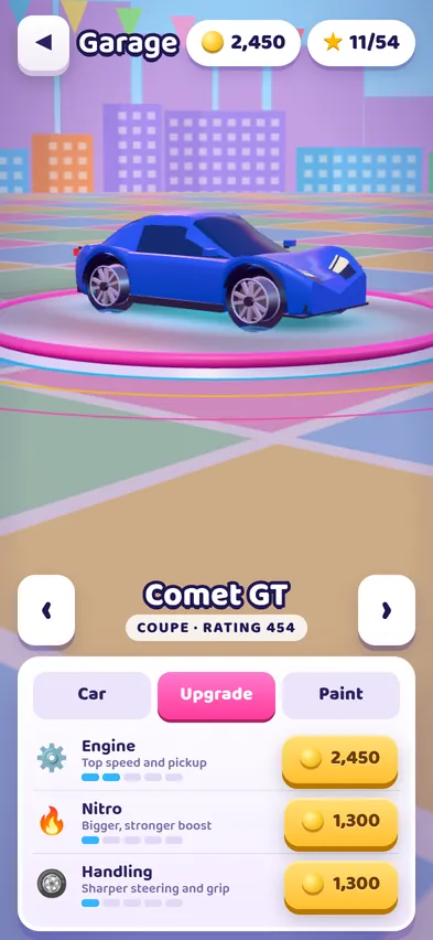 The Garage upgrade tab for the Comet GT showing Engine, Nitro and Handling upgrades with prices