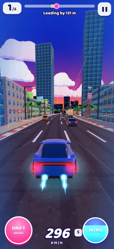 A blue sports car firing its nitro flames down a city street, leading by 131 metres at 296 km/h