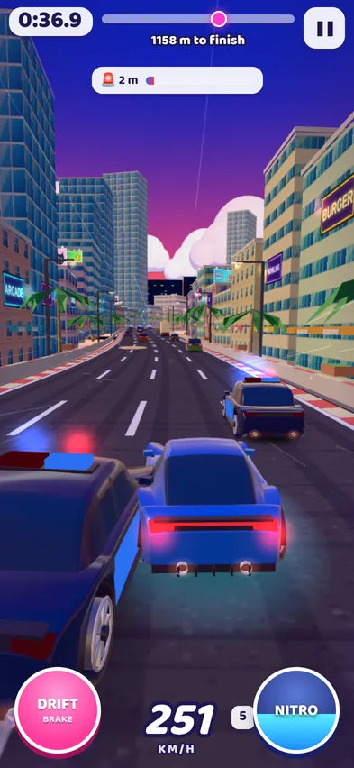 A patrol car pulling alongside the player in a Patrol Escape with 1,158 metres to the finish