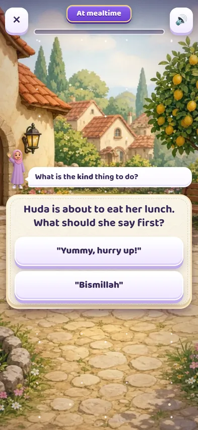 A Kind Village question at mealtime asking what Huda should say before eating, with Bismillah as one answer