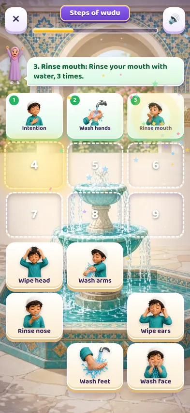 The Steps of wudu round with picture cards such as Wash hands, Rinse mouth and Wipe head arranged in order