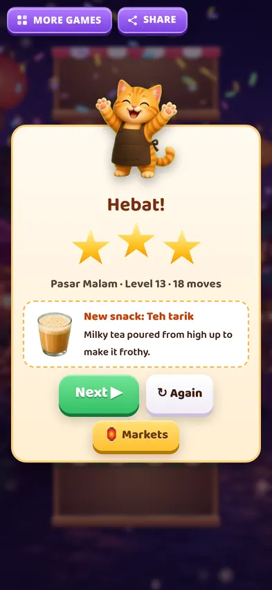 The level cleared card with three stars, 18 moves and a new snack, teh tarik, added to the snack book