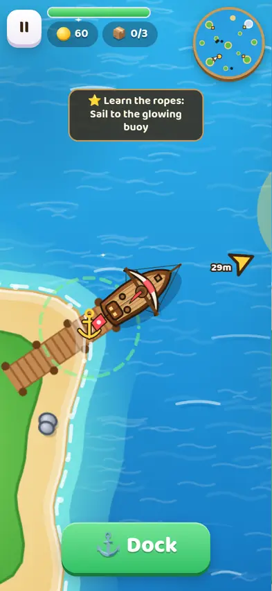 A small wooden sloop leaving Coral Bay with the first mission Learn the ropes: Sail to the glowing buoy