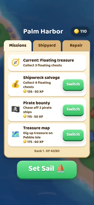 The Palm Harbor dock menu with Missions, Shipyard and Repair tabs and contracts for shipwreck salvage, a pirate bounty and a treasure map