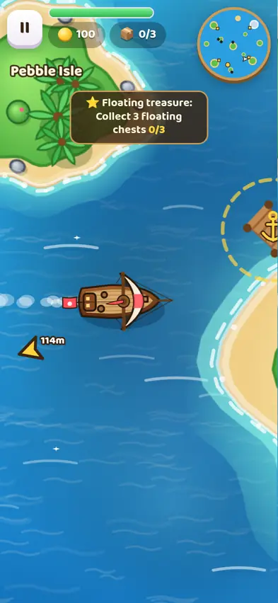 The sloop sailing past Pebble Isle with a yellow arrow pointing to the next mission 114 metres away and the Palm Harbor anchor ring nearby