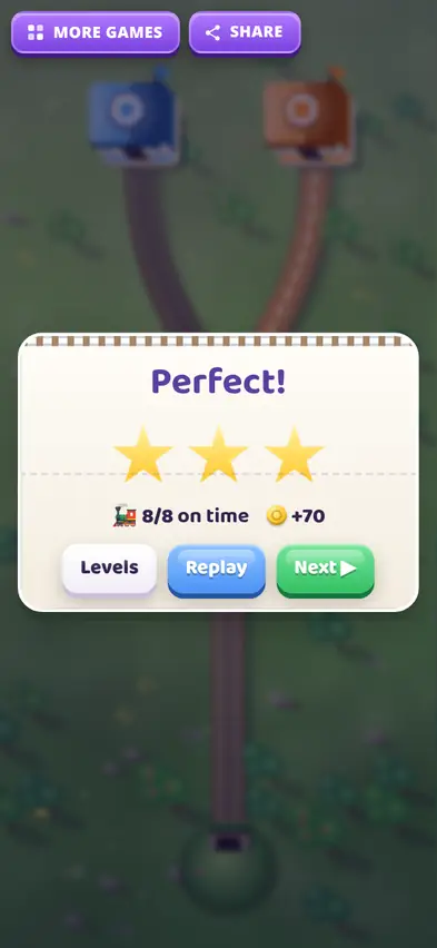 A Perfect! card with three stars, 8 of 8 trains on time and 70 coins
