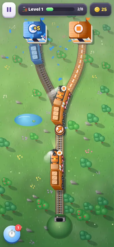 Level 1: a blue train arriving at the blue star station for +5 coins, an orange train heading up the glowing track to the orange square station, and a switch with an orange arrow