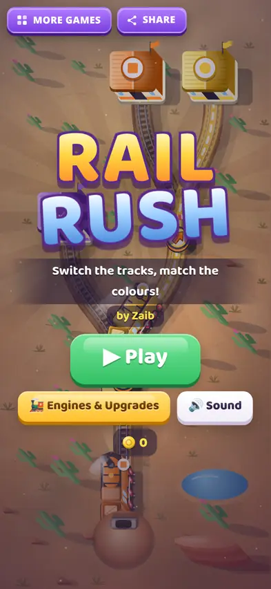 The Rail Rush title screen, Switch the tracks, match the colours!, with Play and Engines and Upgrades buttons