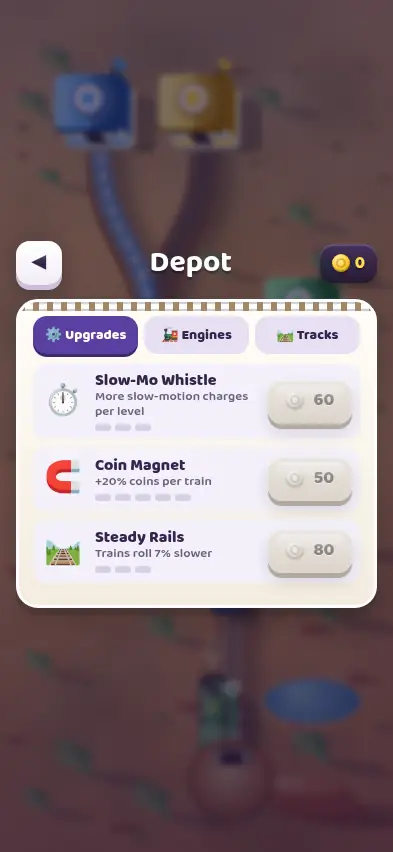 The Rail Rush depot on the Upgrades tab with Slow-Mo Whistle 60, Coin Magnet 50 and Steady Rails 80
