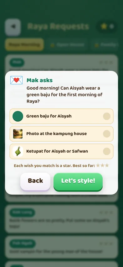 A Raya request card from Mak with three wishes: a green baju for Aisyah, the kampung house and a ketupat