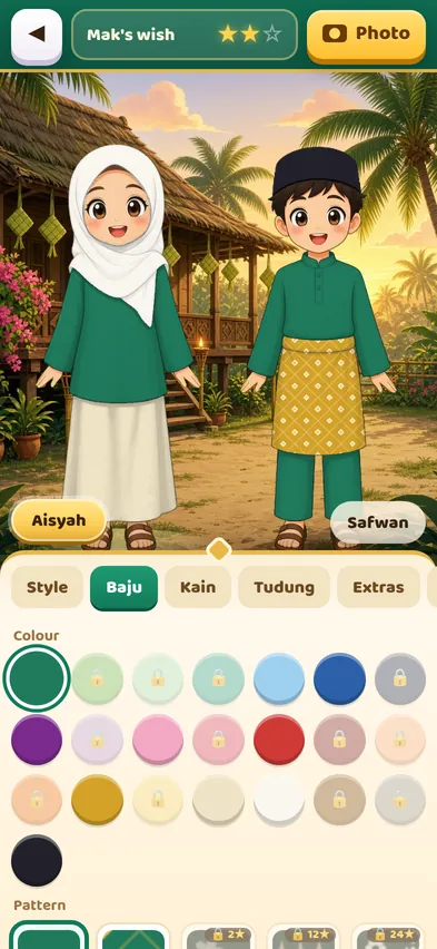 The styling room with Aisyah and Safwan side by side and a row of colour buttons under the Baju tab
