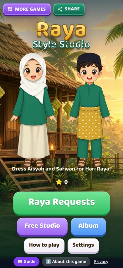 The Raya Style Studio title screen with Aisyah in a green baju kurung and white tudung and Safwan in a green baju Melayu with a gold songket sampin in front of a kampung house