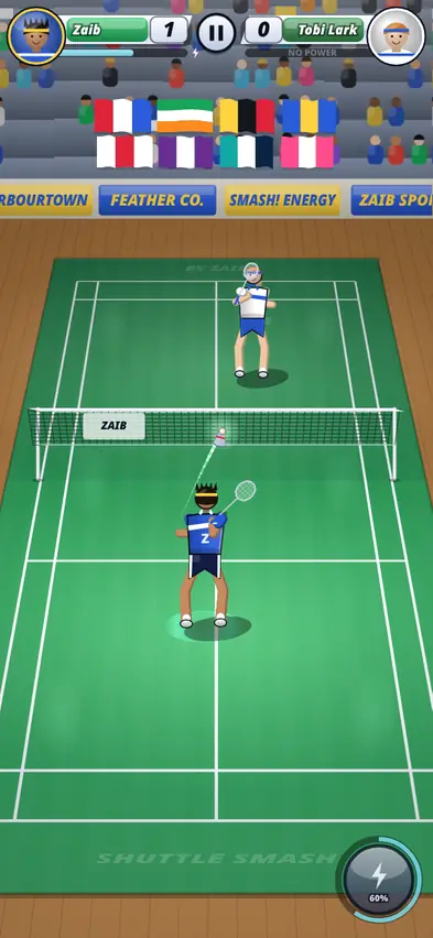 A badminton court seen from behind our player in blue, with the opponent Tobi Lark at the far end, the score 1 to 0 and a power meter at 60 percent