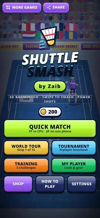The Shuttle Smash menu with Quick Match, World Tour, Tournament, Training, My Player and Shop buttons