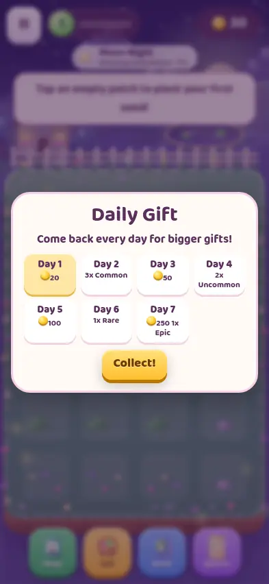 The Silly Sprout Garden Daily Gift calendar from Day 1 with 20 coins to Day 7 with 250 coins and an Epic seed