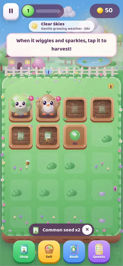 The garden with six wooden patches, two of them growing creature-plants, and a locked patch costing 60 coins