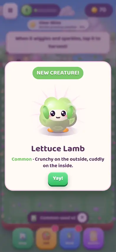 A NEW CREATURE! card showing the Lettuce Lamb, Common, Crunchy on the outside, cuddly on the inside