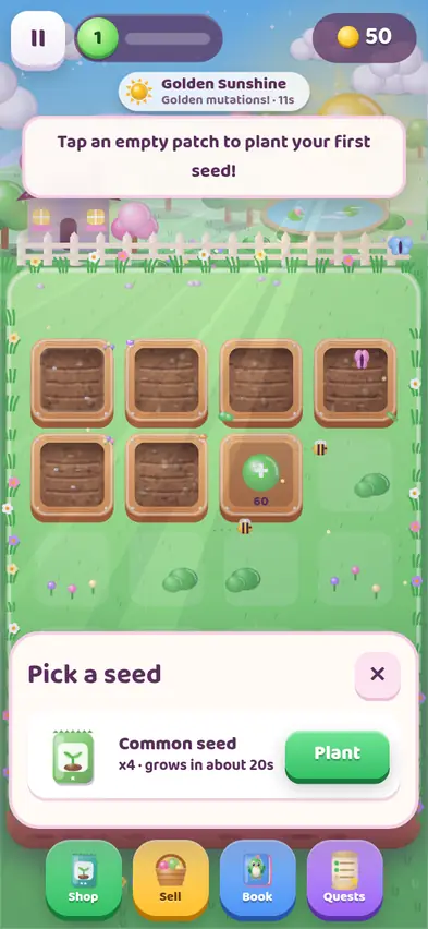 The Pick a seed panel showing Common seed x4, grows in about 20 seconds, with a Plant button