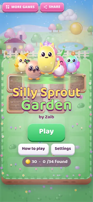 The Silly Sprout Garden title screen with Play, How to play and Settings buttons