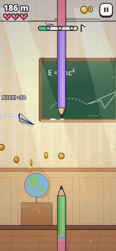 A paper plane flying through a classroom between a purple pencil hanging from above and a green pencil standing below, with coins and a NICE +50 message