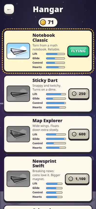 The Hangar listing paper planes: Notebook Classic, Sticky Dart for 250, Map Explorer for 600 and Newsprint Swift