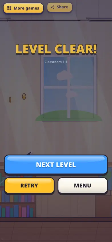 A Level Clear card for Classroom 1-1 with Next Level, Retry and Menu buttons