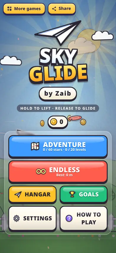 The Sky Glide title screen with Adventure, Endless, Hangar, Goals, Settings and How to Play buttons
